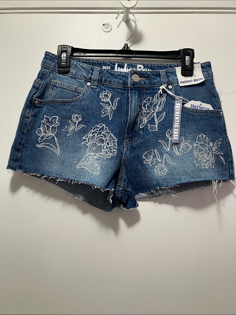 Indigo Rein Blue Denim Shorts with White Floral Embroidery